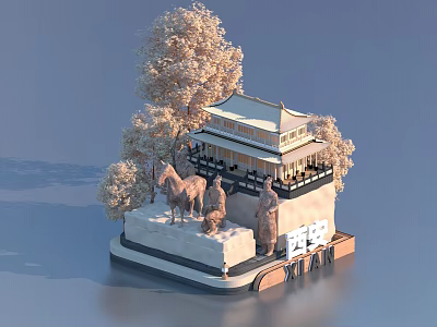 Xi'an Ancient Style Photo Spot with Traditional Pavilion Horses Statues and Trees 3d model