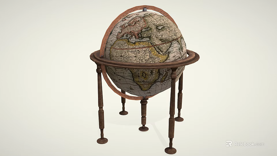 Vintage Terrestrial Globe On Wooden Stand With Classic Meridian Ring 3d model 