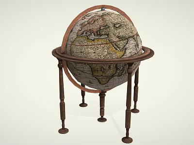 Vintage Terrestrial Globe On Wooden Stand With Classic Meridian Ring 3d model