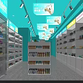 Supermarket Store Interior with Aisles of Shelves Filled with Diverse Products and Blue Decor