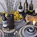 Modern Tableware Set Featuring Gray Plates Cups Utensils Fruits Wine Bottles Candles and Decorative Branches