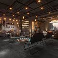 Industrial Style Bar Interior Design with Warm Lighting Leather Sofas Wooden Tables and Green Plants