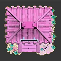 Cute Japanese Style Pink Pavilion with Red Lanterns Family Sign and Green Plants
