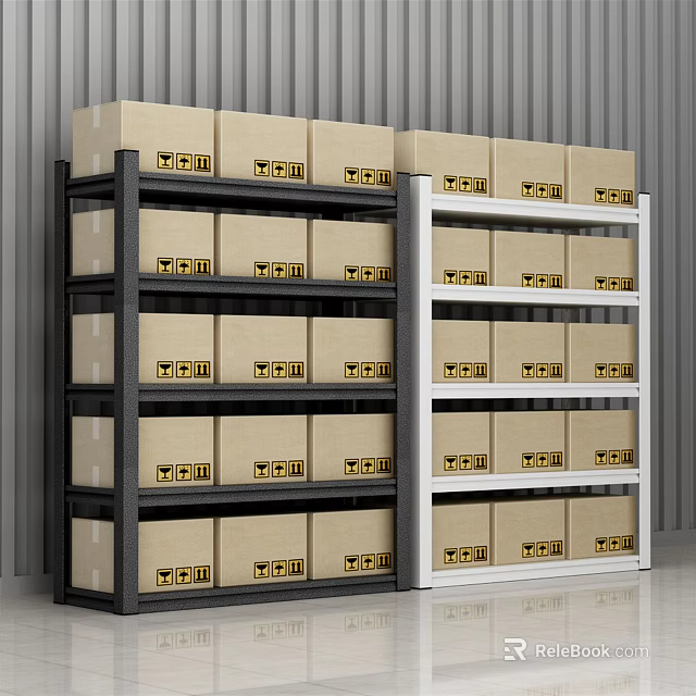 Black And White Storage Shelving Units With Multiple Tiers Holding Cartons With Yellow Logos 3d model 