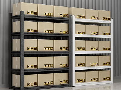 Black And White Storage Shelving Units With Multiple Tiers Holding Cartons With Yellow Logos 3d model