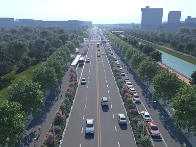 Wide Multi lane Municipal Road With Traffic Trees Green Belts And Urban Buildings 3d model