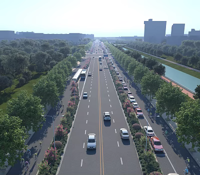 Wide Multi lane Municipal Road With Traffic Trees Green Belts And Urban Buildings 3d model