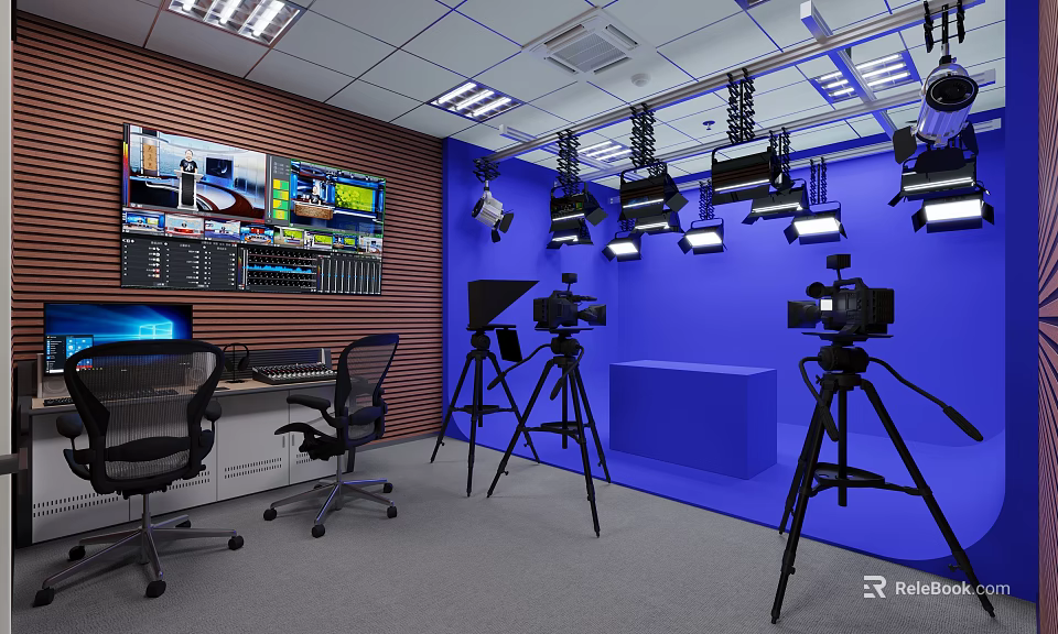 Professional Studio Setup With Cameras Lighting Control Panel Blue Background And Wooden Wall 3d model 