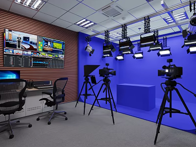 Professional Studio Setup With Cameras Lighting Control Panel Blue Background And Wooden Wall 3d model