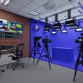 Professional Studio Setup With Cameras Lighting Control Panel Blue Background And Wooden Wall 3d model