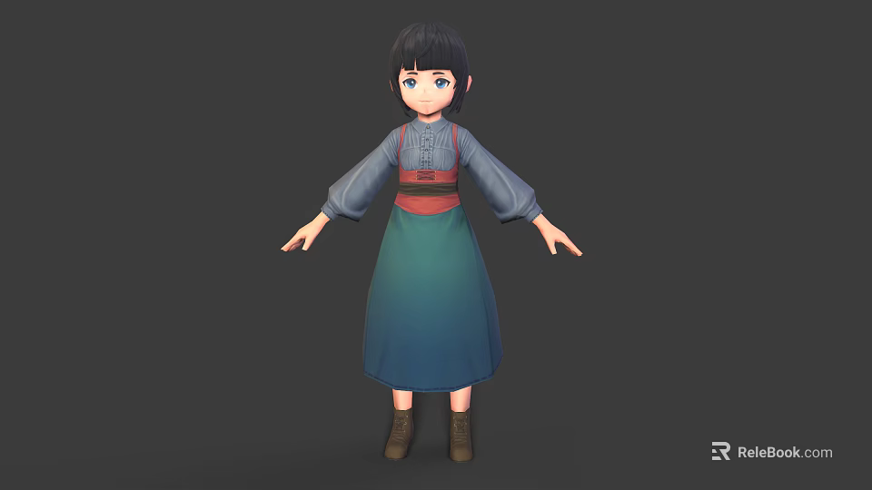 3D Character With Black Hair Blue Eyes Gray Top Red Sash Blue Skirt Brown Boots 3d model 