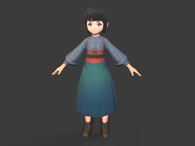 3D Character With Black Hair Blue Eyes Gray Top Red Sash Blue Skirt Brown Boots 3d model