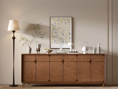 Modern Wooden Entryway Side Cabinet Interior With Floor Lamp And Wall Art Decorative Items 3d model