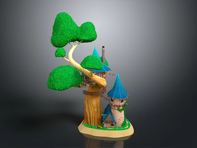 Treehouse Structure With Green Leafy Canopy Blue Pointed Roofs And Tree Trunk Base 3d model