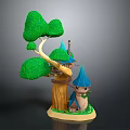 Treehouse Structure With Green Leafy Canopy Blue Pointed Roofs And Tree Trunk Base