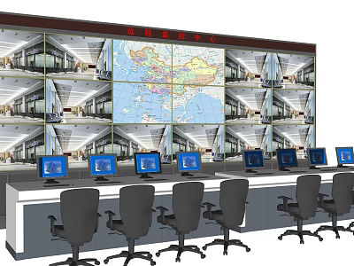 Office Desk With Multiple Computer Monitors In Control Room Setting With Large Screen And Chairs 3d model