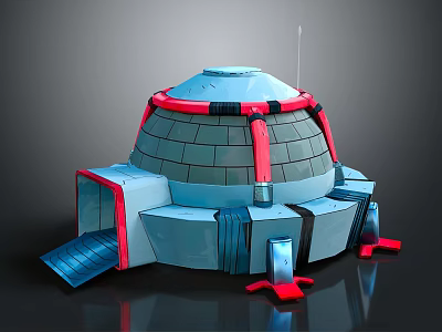 Futuristic Dome Building With Blue Gray Exterior Red Accent Bands Antenna And Steps 3d model