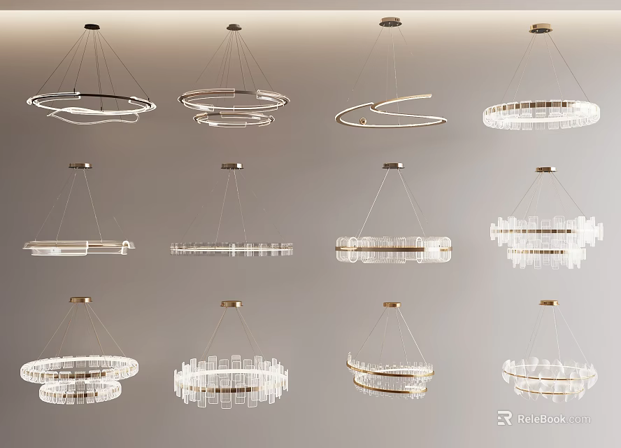 Modern Hanging Chandeliers with Metallic Frame and Circular Multi-layered Crystal Design 3d model