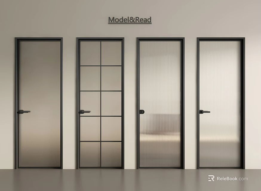 Modern Hinged Doors With Various Glass Panel Styles And Black Frames Design 3d model