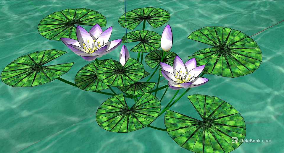 Water Fountain with Purple Lotus Lily Pads and Buds on Light Green Water Surface 3d model 