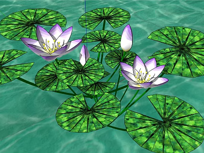Water Fountain with Purple Lotus Lily Pads and Buds on Light Green Water Surface 3d model