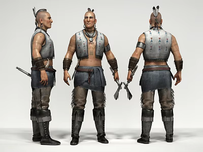 Game Movie Character With Feathered Headdress Sleeveless Armor And Dual Daggers 3d model