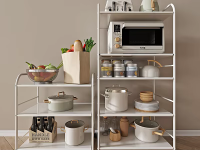 Multi Tier Kitchen Storage Shelf With Microwave Pots Dishes Vegetables And Containers 3d model