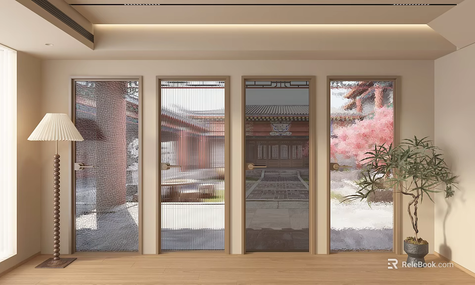 Four Glass Panel Casement Doors With Garden View Ancient Architecture And Cherry Blossoms 3d model 