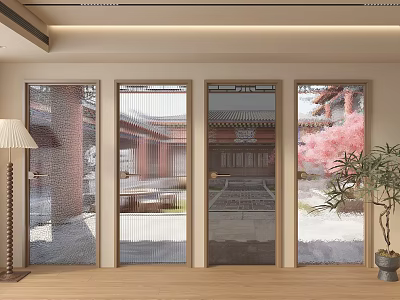 Four Glass Panel Casement Doors With Garden View Ancient Architecture And Cherry Blossoms 3d model