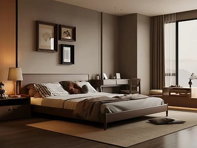 Modern Cozy Bedroom Interior With Wooden Floor Framed Wall Art Nightstand And Table Lamp 3d model
