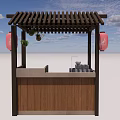 Traditional Japanese Outdoor Kitchen Stall With Wooden Lattice Roof Red Lanterns And Cooking Pot