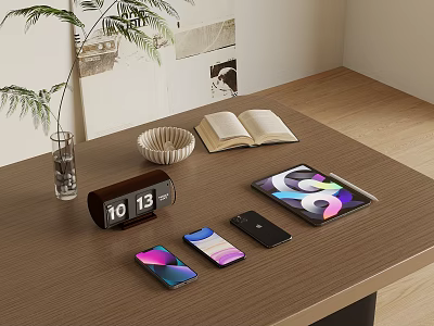 Wooden Table Ornament Set with Flip Calendar Green Plant Woven Bowl Open Book Phones Tablet 3d model