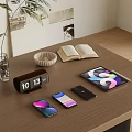 Wooden Table Ornament Set with Flip Calendar Green Plant Woven Bowl Open Book Phones Tablet