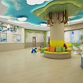 Bright Kindergarten Interior With Cloud Ceiling Tree Structure Cozy Seating And Colorful Toys