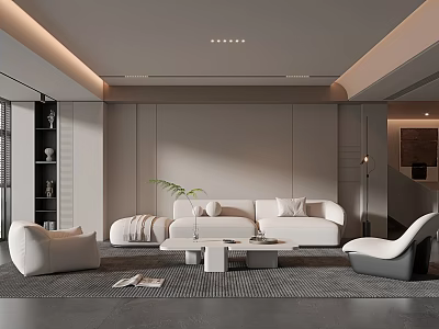 Modern Minimalist Living Room Interior With White Sofa Armchair Coffee Table Rug And Green Plant 3d model