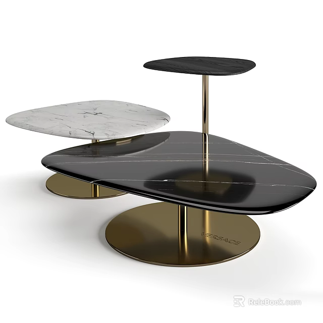 Modern Irregular Shaped Coffee Tables Featuring White And Black Marble Tops With Gold Metal Bases 3d model 
