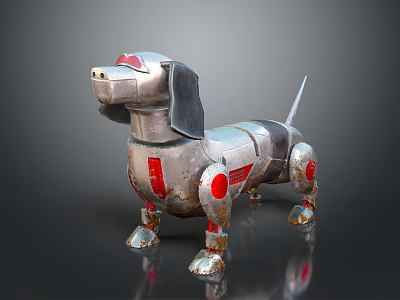 Metallic Robot Dachshund Design With Silver Body And Red Circular Accents 3d model
