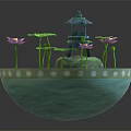 Decorative Water Bowl Landscape With Green Lotus Leaves Pink Flowers And Small Pavilion