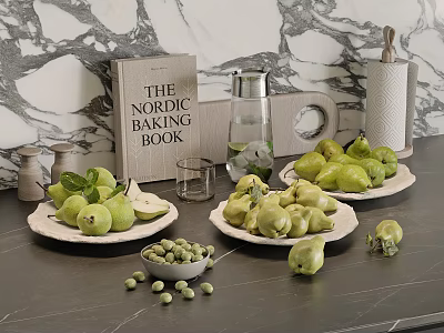 Fresh Green Pears On Plates Over Marble Kitchen Counter With The Nordic Baking Book 3d model
