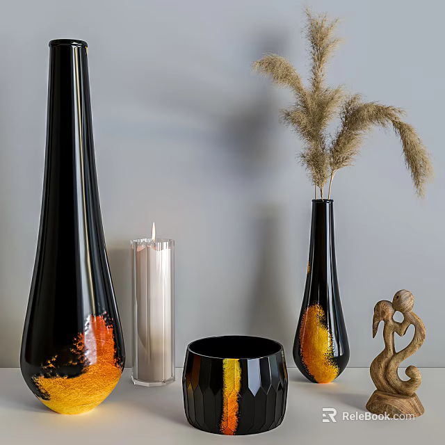 Modern Decorative Ornament Set with Black Vases Orange Accents White Candle Sculpture and Pampas Grass 3d model 