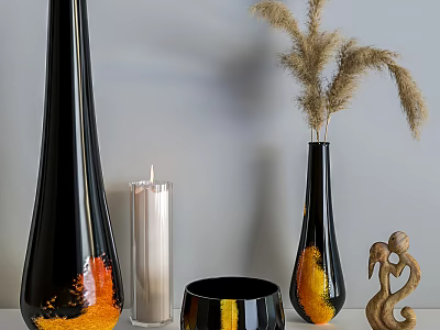 Modern Decorative Ornament Set with Black Vases Orange Accents White Candle Sculpture and Pampas Grass 3d model