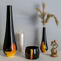 Modern Decorative Ornament Set with Black Vases Orange Accents White Candle Sculpture and Pampas Grass