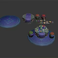 Scene Components Featuring Circular Blue Platforms Purple Structures and Colorful Tops 3d model