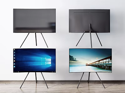 Modern Televisions on Tripods Some Displaying Scenic Images Against White Wall 3d model