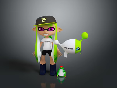 Inkling Game Character With Black Cap Pink Eyes Green Hair And White Splat Robot 3d model