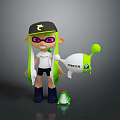 Inkling Game Character With Black Cap Pink Eyes Green Hair And White Splat Robot 3d model