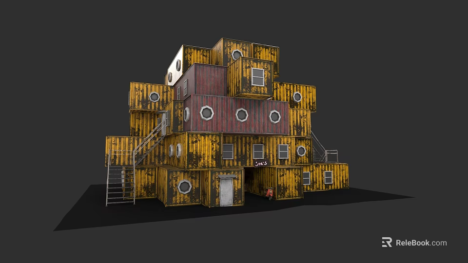 Stacked Yellow And Red Container Building With Round Windows And Stairs 3d model 