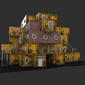 Stacked Yellow And Red Container Building With Round Windows And Stairs