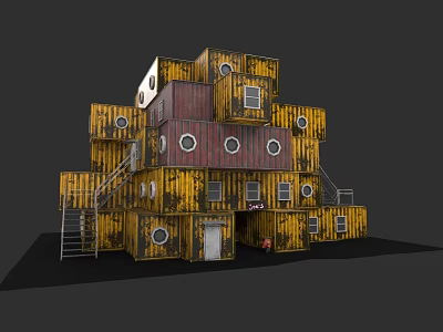 Stacked Yellow And Red Container Building With Round Windows And Stairs 3d model