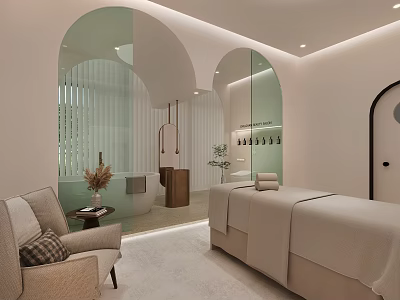 Elegant Beauty Hair Salon Interior With Arch Design Massage Bed Sofa And Green Plants 3d model
